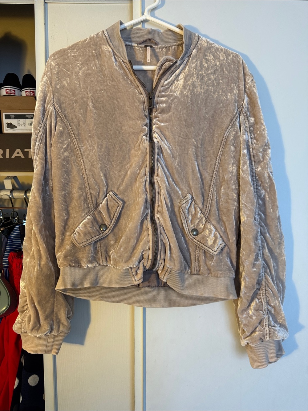 Free People Taupe Crushed Velvet Bomber Jacket
